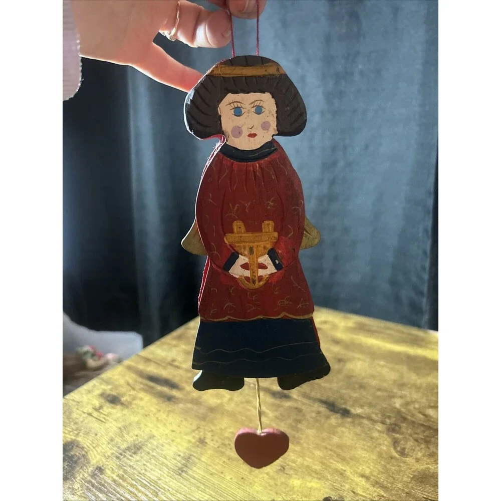 Angel Wooden Christmas Vintage Ornament W/ Harp Heart String Wings Brown Hair